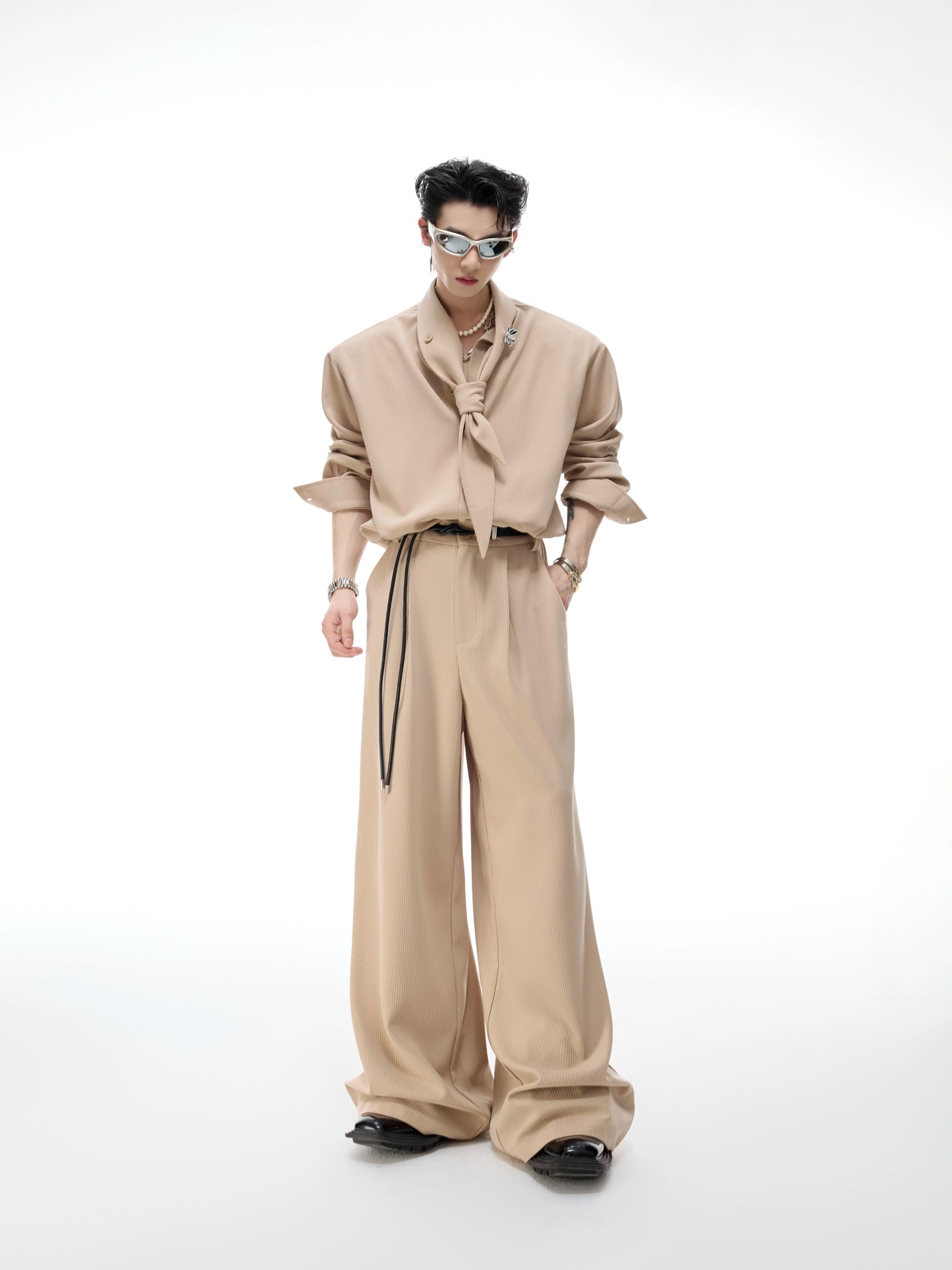 Ribbon Tie Shoulder-Pad Long Sleeve Shirt & Wide Leg Pants Setup WN20528