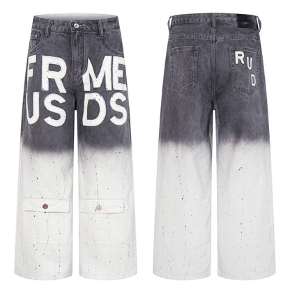 Gradient Paint Letter Graphic Wide Leg Denim Jeans WN28027