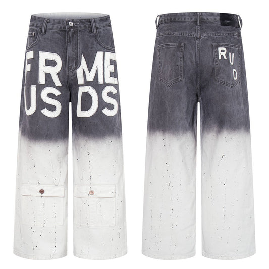 Gradient Paint Letter Graphic Wide Leg Denim Jeans WN28027
