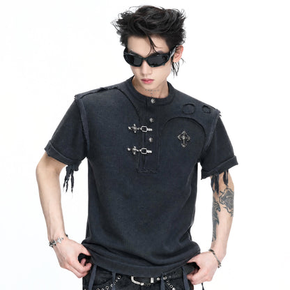 Henley-Neck Ribbed Damage Raw-Edge Short Sleeve T-Shirt WN27026