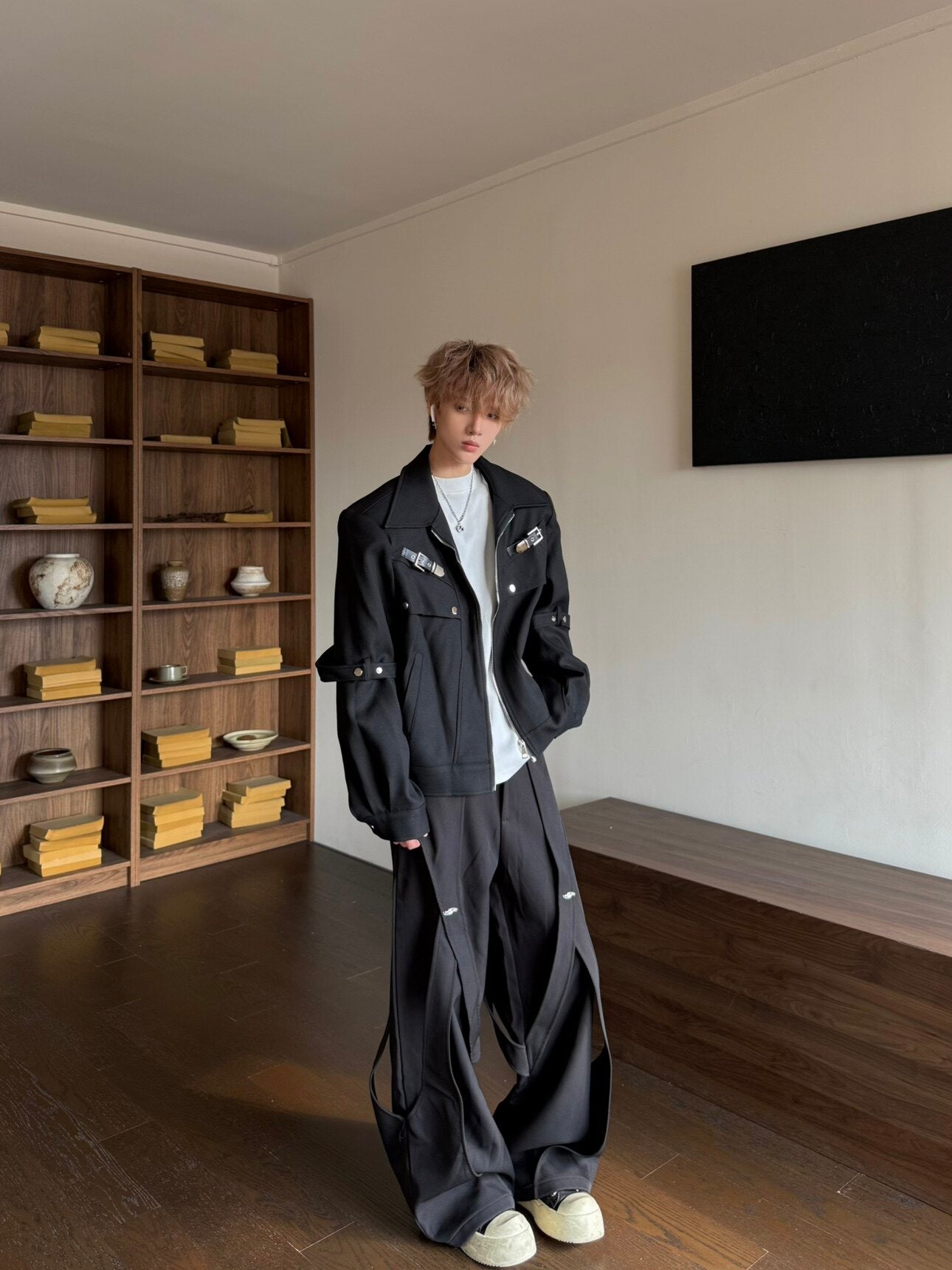 Structured Shoulder Metal Buckle Zip-Up Jacket WN23196