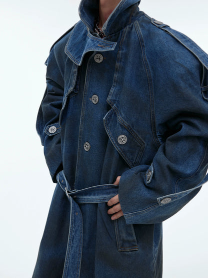 Double Layered Shoulder Pad Long Denim Coat WN8044