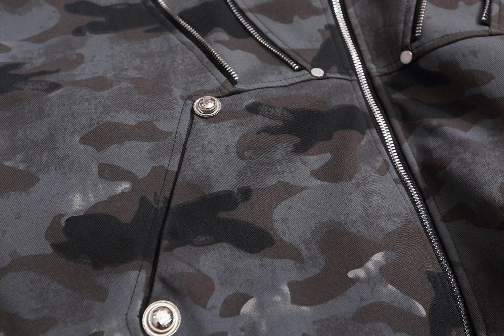 Camouflage Fake Fur Collar Multi-Zipper Short Puffer Jacket WN27891