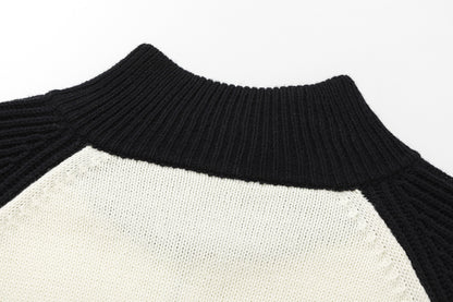 Statue Print Colorblock Patchwork High-Neck Knit Cardigan WN11510