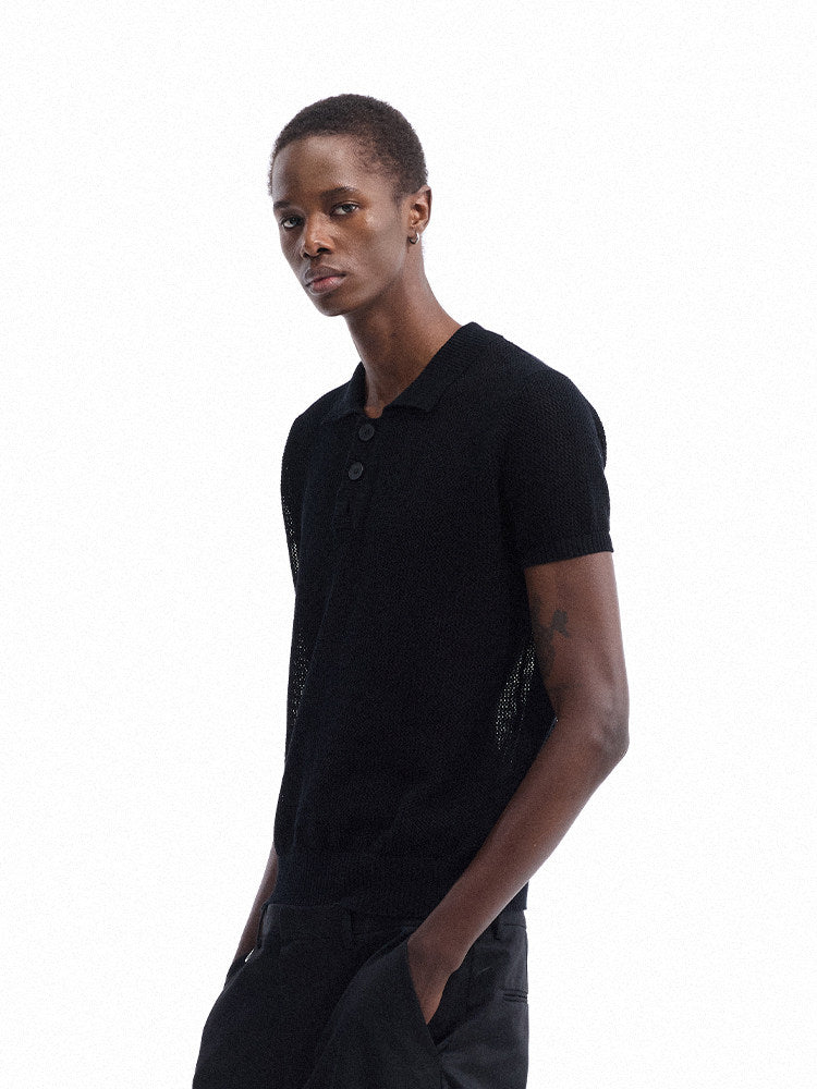 Openwork Polo-Collar Knit Short Sleeve T-Shirt WN27149