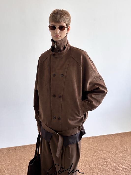Suede Double Layer Collar Double Breasted Jacket WN21525