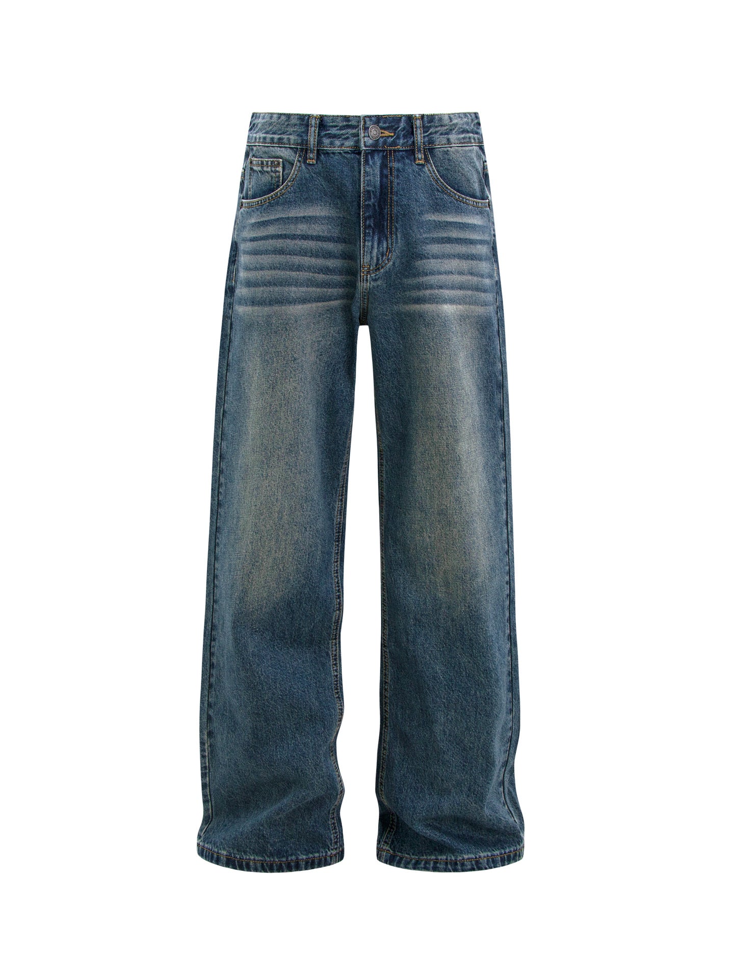 Washed Whisker Adjustable Waist Straight Denim Jeans WN26284