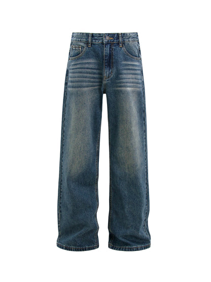 Washed Whisker Adjustable Waist Straight Denim Jeans WN26284