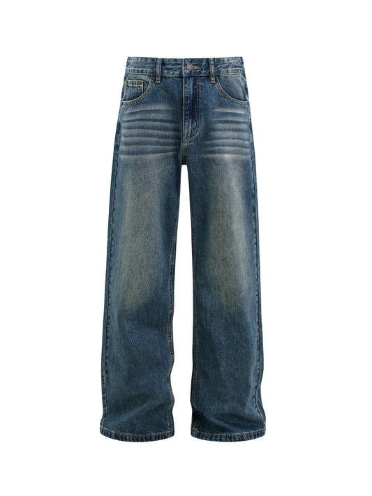 Washed Whisker Adjustable Waist Straight Denim Jeans WN26284