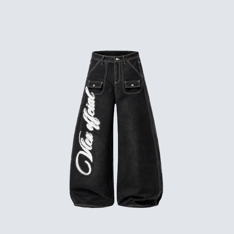 Wing Graphic Multi-Pocket Wide Leg Denim Jeans WN28114