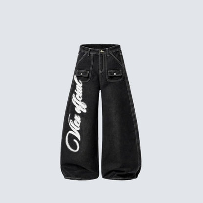 Wing Graphic Multi-Pocket Wide Leg Denim Jeans WN28114