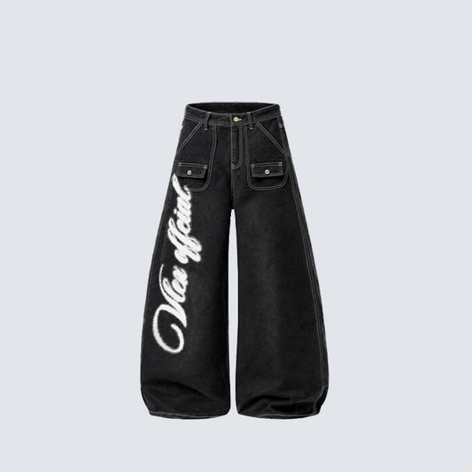 Wing Graphic Multi-Pocket Wide Leg Denim Jeans WN28114
