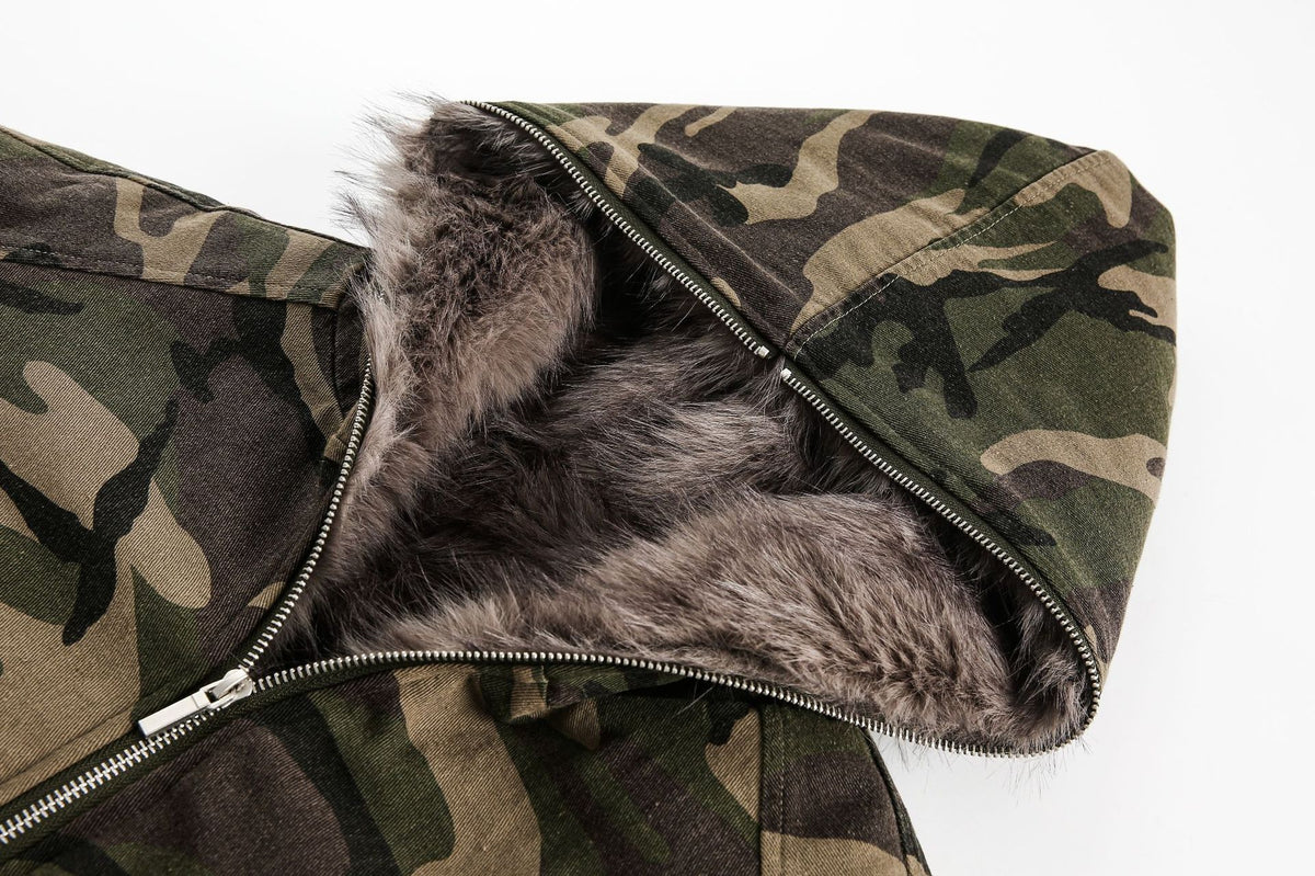 Camouflage Fake Fur Collar Hooded Puffer Jacket WN28044