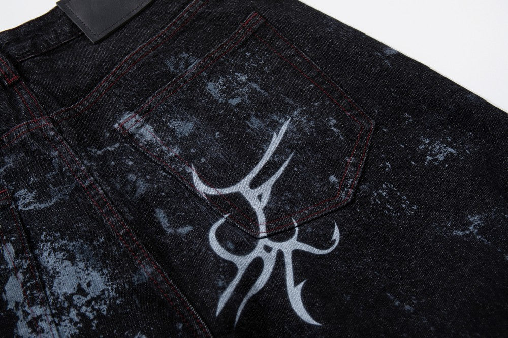 Graffiti Totem Print Wide Leg Denim Jeans WN27881