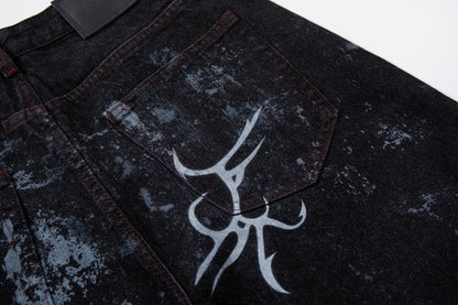 Graffiti Totem Print Wide Leg Denim Jeans WN27881