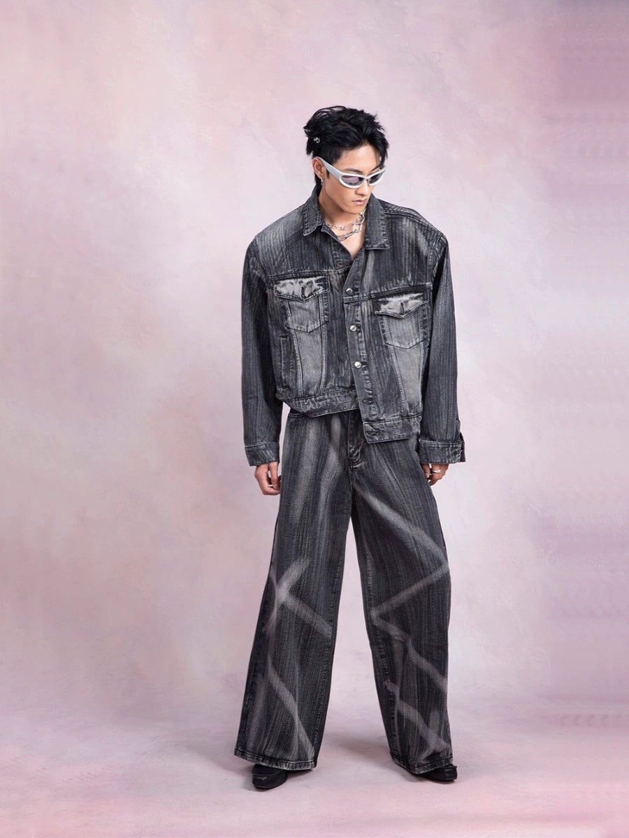 Hand-Painted Washed Denim Jacket & Wide-Leg Straight Denim Jeans Setup WN9229