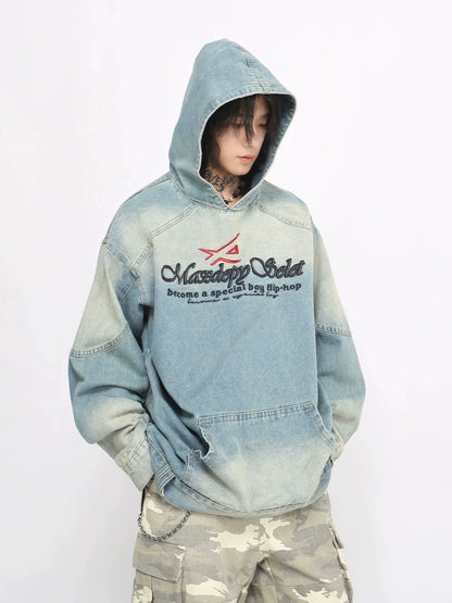 Washed Embroidery Heavyweight Denim Hoodie WN8350