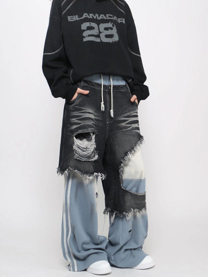 Damage Hole Fake Layered Stripe Sweatpants WN21052