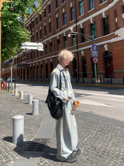 Stripe Washed Denim Short Sleeve Shirt & Wide Leg Denim Jeans Setup WN19815