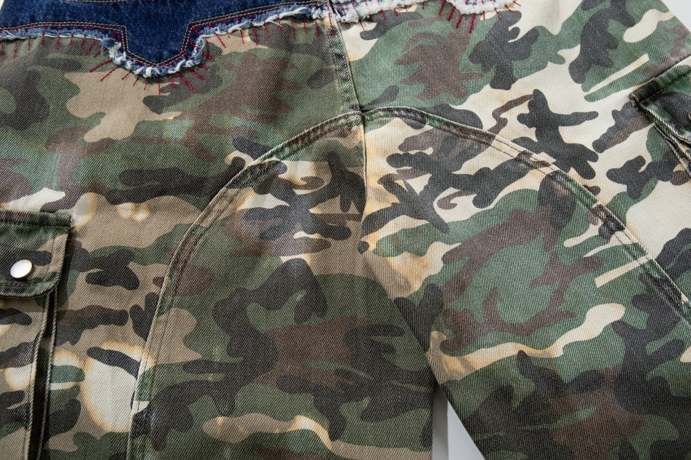 Denim Camouflage Patchwork Multi-Pocket Wide Leg Cargo Pants WN27858