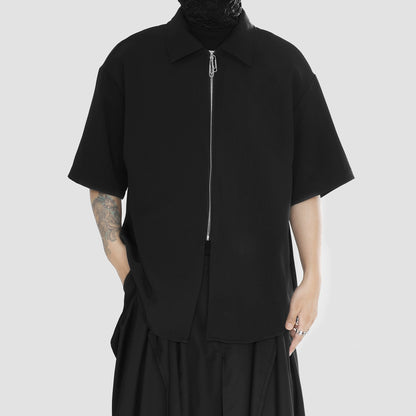 Black Color Zipper Short Sleeve Shirt WN20138