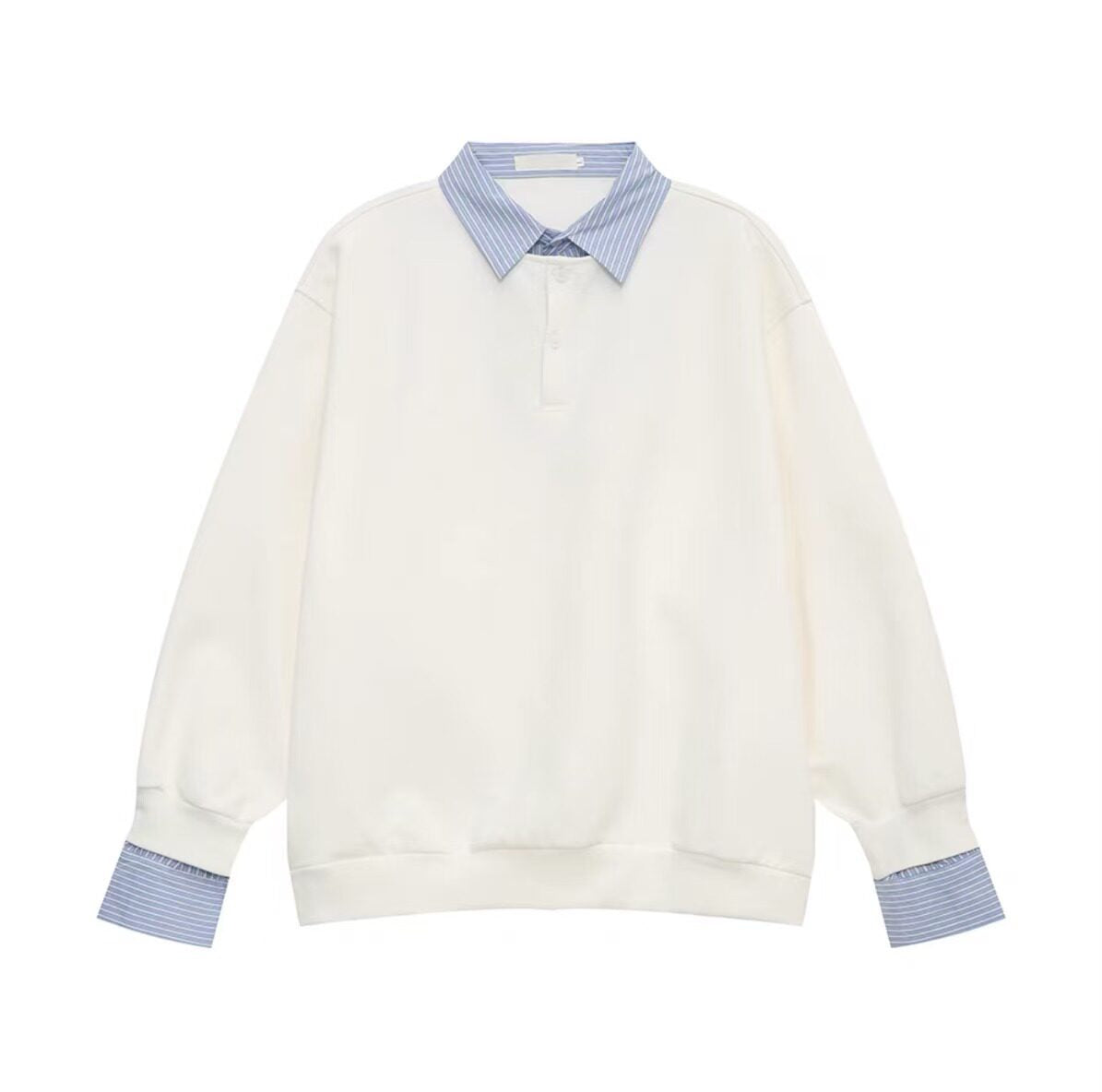 Fake Layered Striped Shirt-Collar Fleece Lining Oversize Long Sleeve T-Shirt WN25251