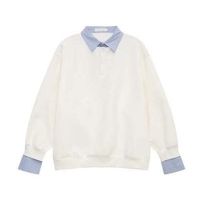 Fake Layered Striped Shirt-Collar Fleece Lining Oversize Long Sleeve T-Shirt WN25251
