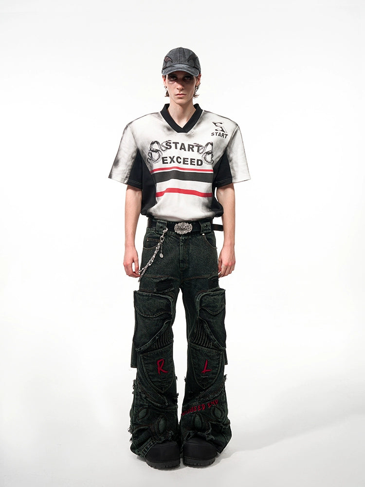 V-Neck Letter Snake Print Shoulder-pad Short Sleeve T-Shirt WN16556