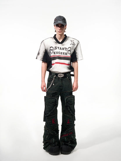 V-Neck Letter Snake Print Shoulder-pad Short Sleeve T-Shirt WN16556