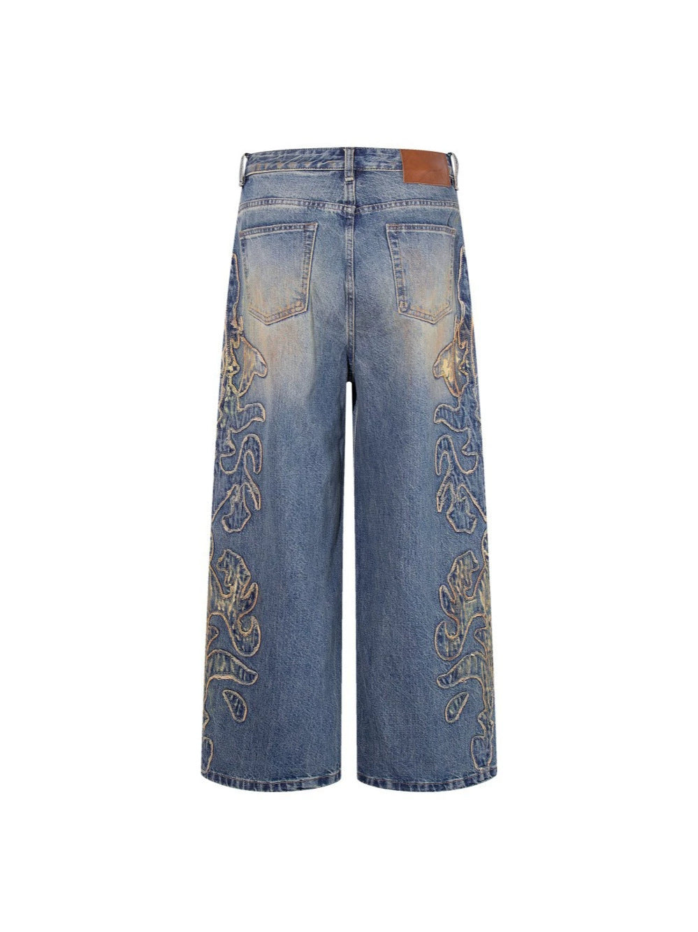 Frayed Applique Embroidery Washed Wide Leg Denim Jeans WN27833