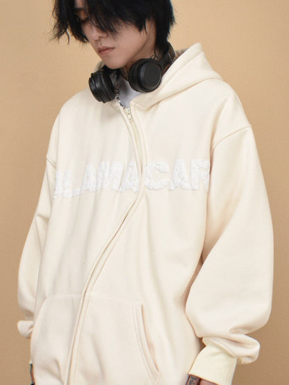 Asymmetrical Zipper Graphic Print Fleece-Lined Oversize Hoodie WN24407