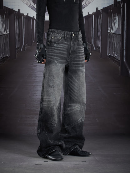 Art Whisker Honeycomb Wash Damage Straight Denim Jeans WN22902