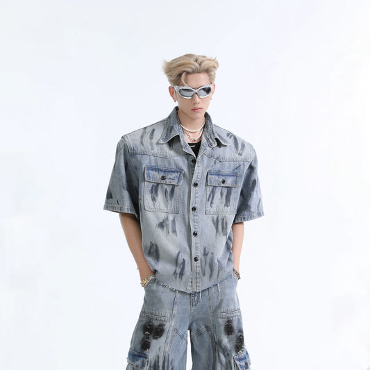 Washed Short Sleeve Shirt & Wide-Leg Straight Cargo Denim Jeans Setup WN7334