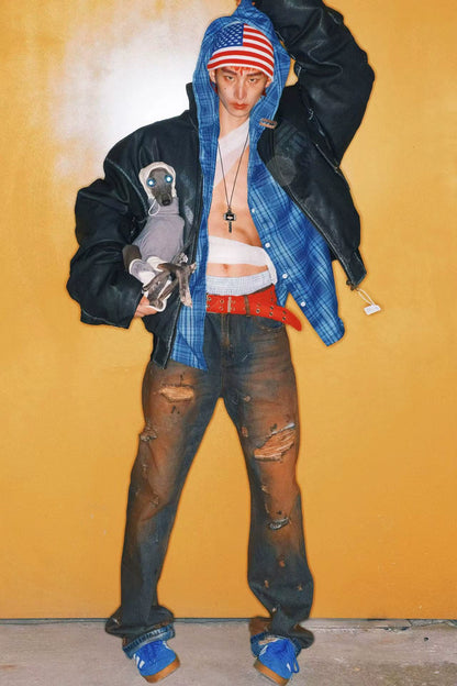 Dirty Stain Washed Damage Straight Denim Jeans WN19684