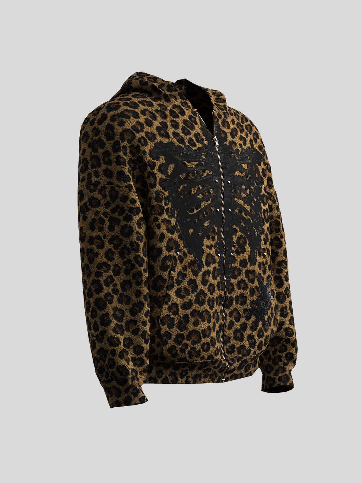 Leopard Print Skeleton Graphic Zipper Hoodie WN27096