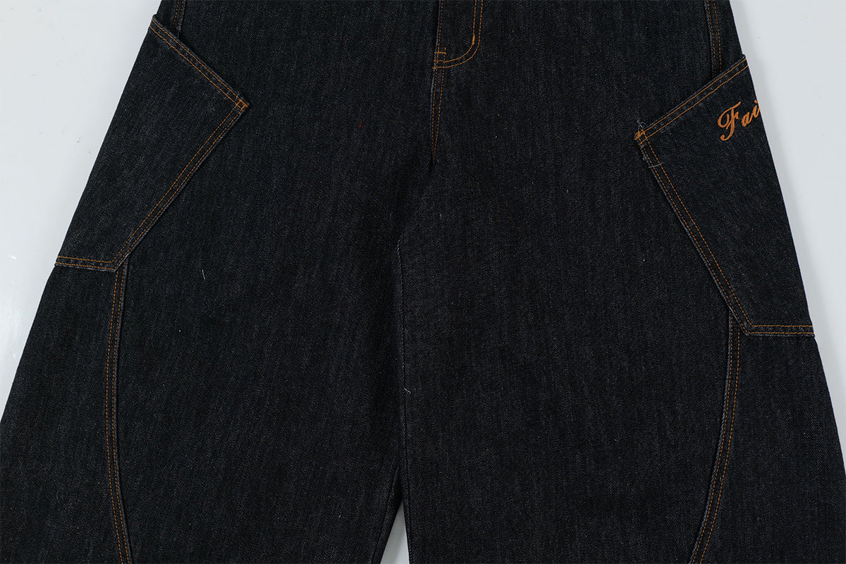 Patchwork Washed Straight-Leg Denim Jeans WN11327