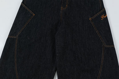 Patchwork Washed Straight-Leg Denim Jeans WN11327