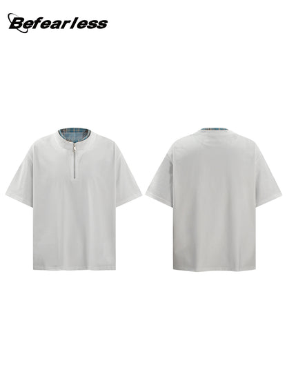 Fake Layered Half-Zip High-Neck Short Sleeve T-Shirt WN26396