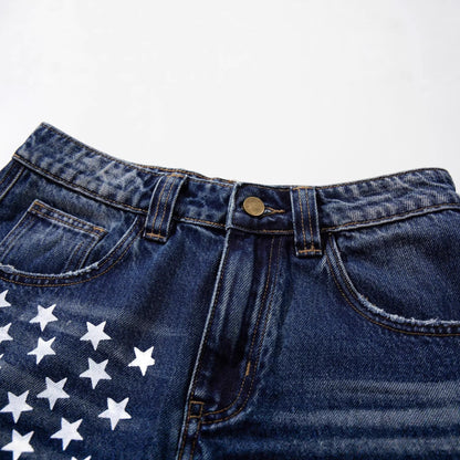 Star Print Curved Wide Leg Denim Jeans WN25727