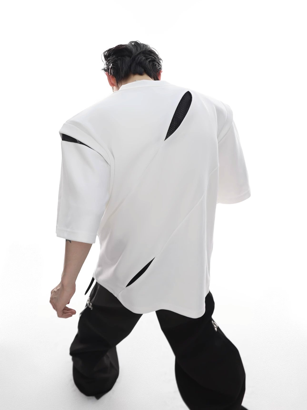 Shoulder Pads Short Sleeve Patchwork Design T-shirt WN6995