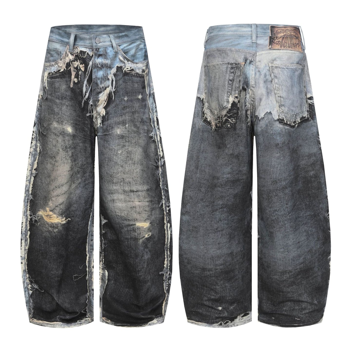 Distressed Frayed Mix Patchwork Wide Leg Denim Jeans WN23604