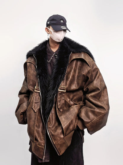 Fake Fur Lapel Oversize PU Leather Jacket WN24019