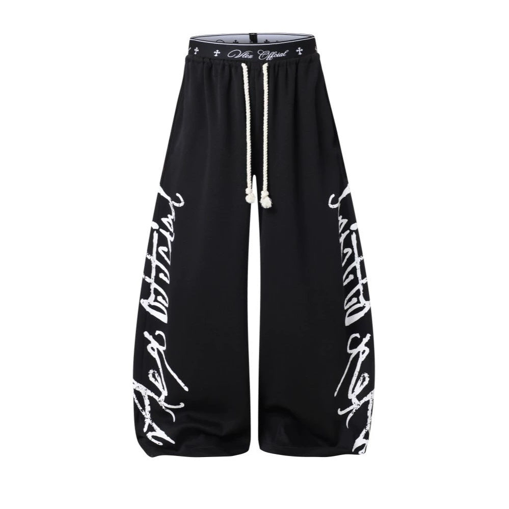 All-Over Graffiti Crackle Puff Print Wide Leg Sweatpants WN27852