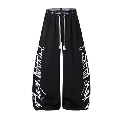 All-Over Graffiti Crackle Puff Print Wide Leg Sweatpants WN27852