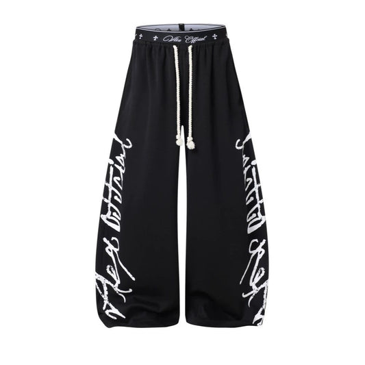 All-Over Graffiti Crackle Puff Print Wide Leg Sweatpants WN27852