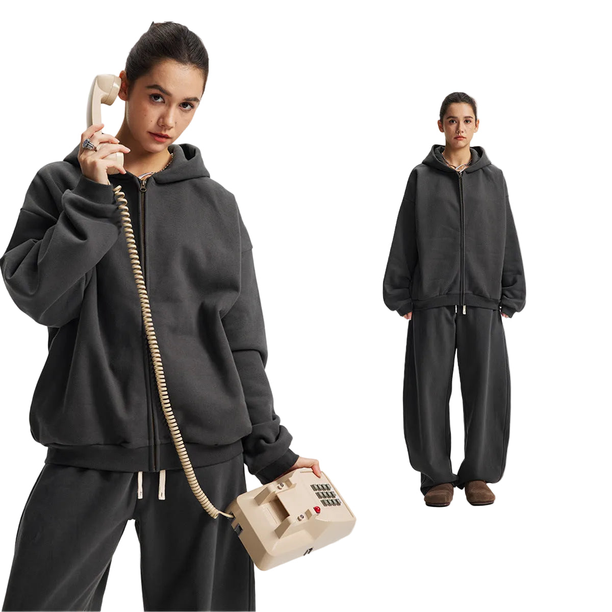 Fleece Lining Side Pocket Zipper Hoodie & Fleece Lining Wide Leg Sweatpants Setup WN23114