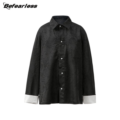 Bamboo Pattern Contrast Cuff Long Sleeve Shirt WN26259