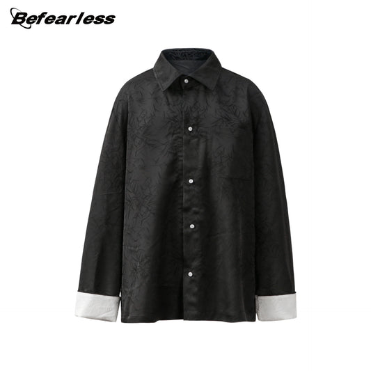 Bamboo Pattern Contrast Cuff Long Sleeve Shirt WN26259