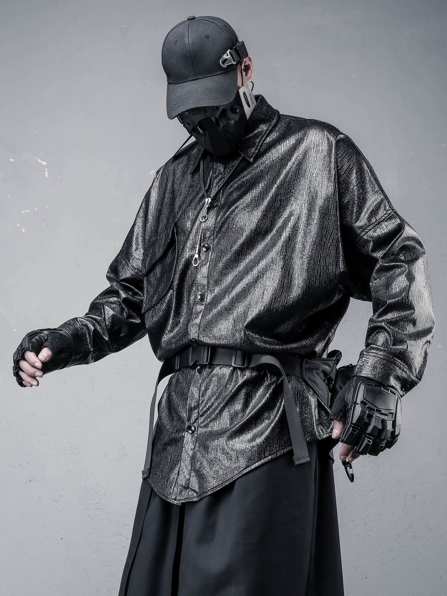 PU Leather Gloss Oversize Long Sleeve Shirt WN22322