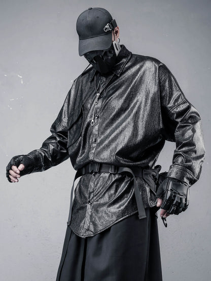 PU Leather Gloss Oversize Long Sleeve Shirt WN22322